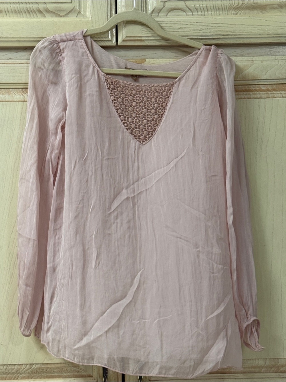 Light Pink Long-Sleeve Blouse with Lace V-Inset